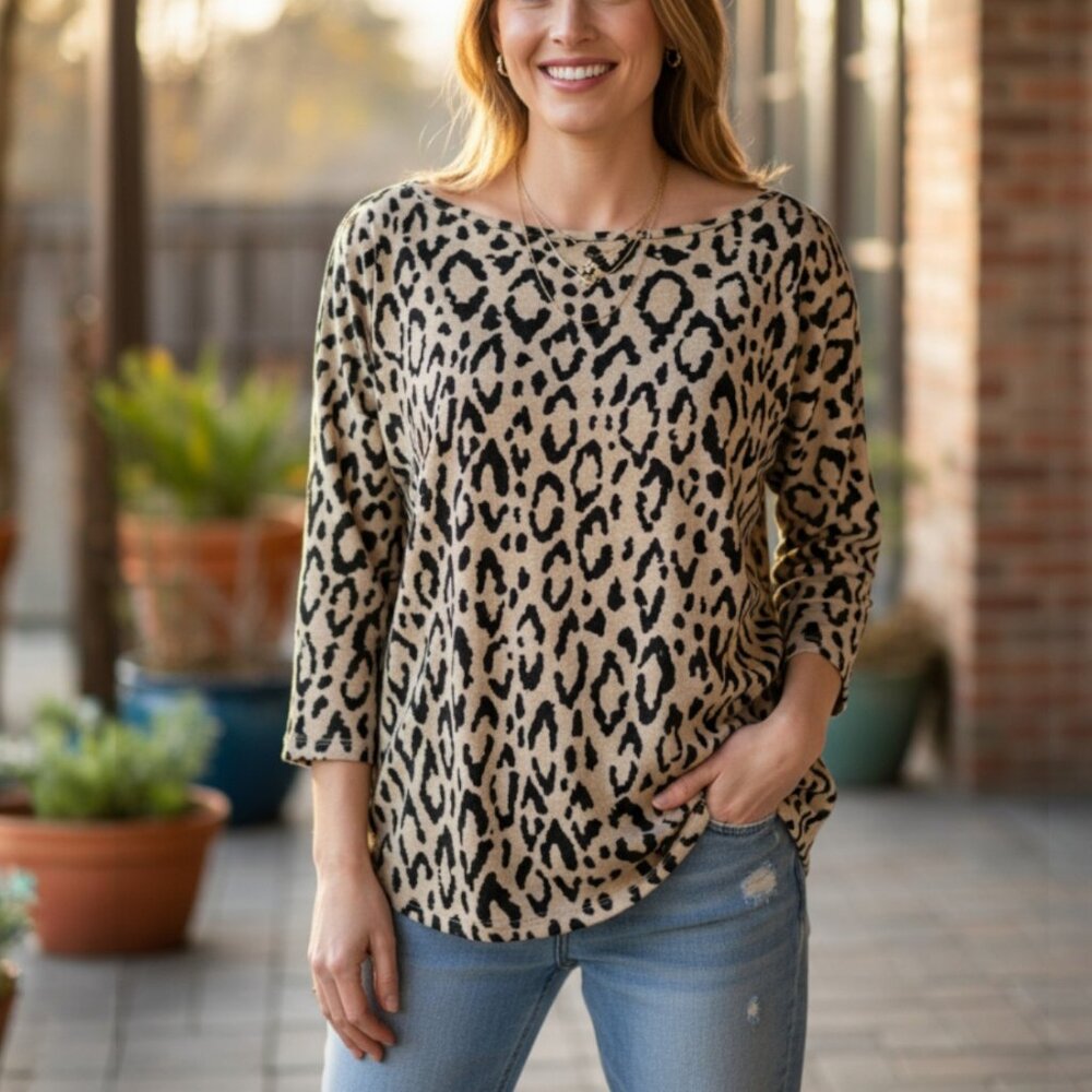 📦Liz Claiborne Women's M Tan Black Leopard Print 3/4 Sleeve Boat Neck Top